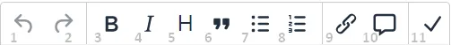 De werkbalk van de HTML-editor, met elf genummerde knoppen: ongedaan maken, opnieuw, vet, cursief, titel, markeren, opsomming, genummerde lijst, verwijzing, toelichting en verbeter tekst.