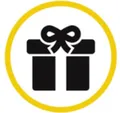 Het kadootje: een geel omlijnd rond icoon met een zwart cadeaupakje met strik.