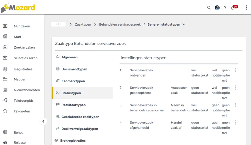 Het scherm Beheren statustypen: links het hoofdmenu, in het midden het zaaktype Behandelen serviceverzoek met de blokken Algemeen, Documenttypen, Kenmerktypen, Statustypen, Resultaattypen, Gerelateerde zaaktypen, Deel-vervolgzaaktypen en Bronregistraties, en rechts het blok Instellingen statustypen met per status de statusnaam, de naam van de knop, en of er een statustekst, notitietekst en optie nvt is.