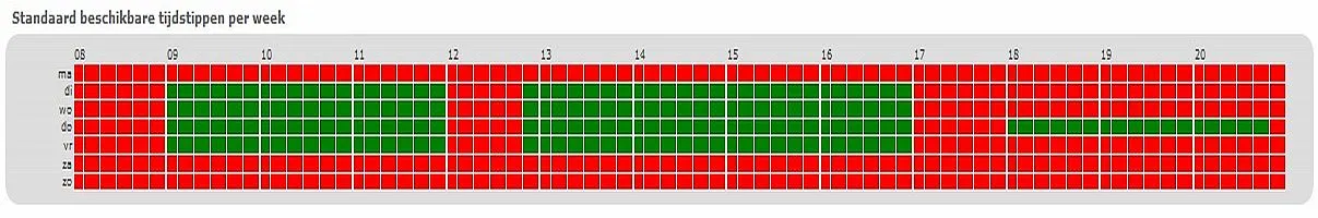 Raster met de standaard beschikbare tijdstippen per week: de dagen maandag tot en met zondag als rijen, de uren 08 tot en met 20 als kolommen. Groene blokken zijn beschikbaar, rode niet. Beschikbaar zijn maandag tot en met vrijdag ochtend en middag, donderdag ook de avond; zaterdag en zondag zijn volledig rood.